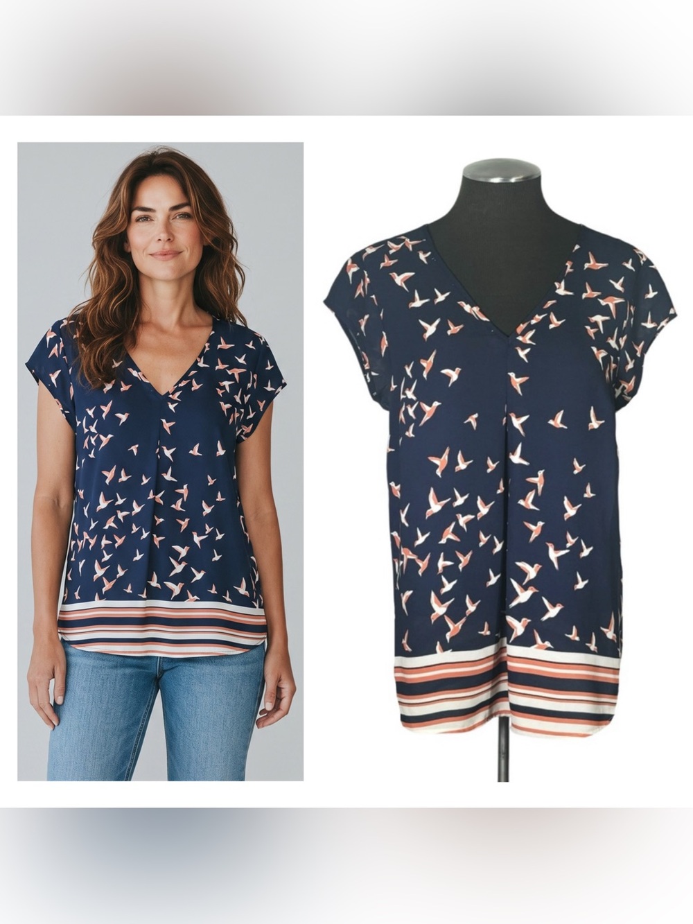 🆕 DR2 – Bird Print V-Neck Pullover Cap Sleeve Top – Medium